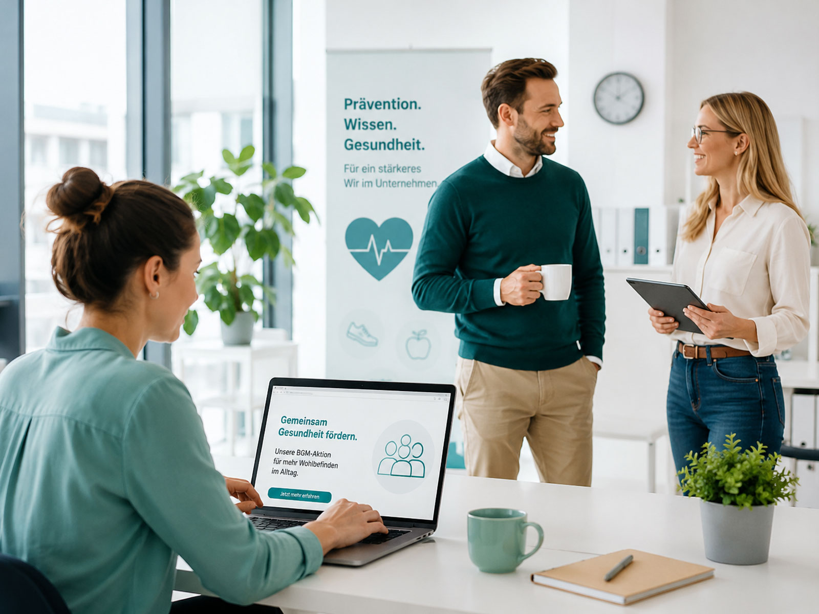 Mitarbeitende informieren sich über eine betriebliche Gesundheitsförderungsmaßnahme